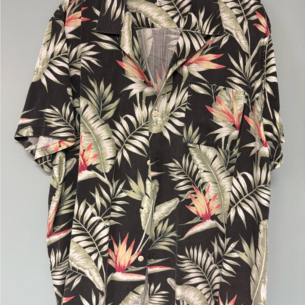 Lucky Brand Black Shirt with Green Palm and Coral Floral Accents 2XL